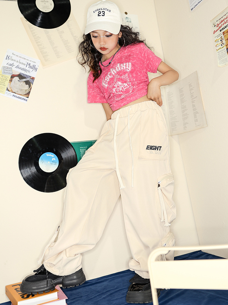 兒童爵士舞演出服裝女童夏季短款上衣工裝褲套裝少兒jazz走秀表演