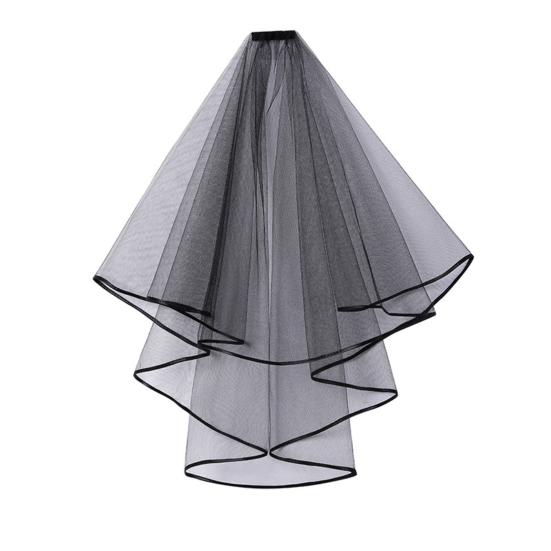 Bridal wedding yarn double-layer satin ribbon black edging multi-layer red yarn plus hair comb headdress factory direct supply