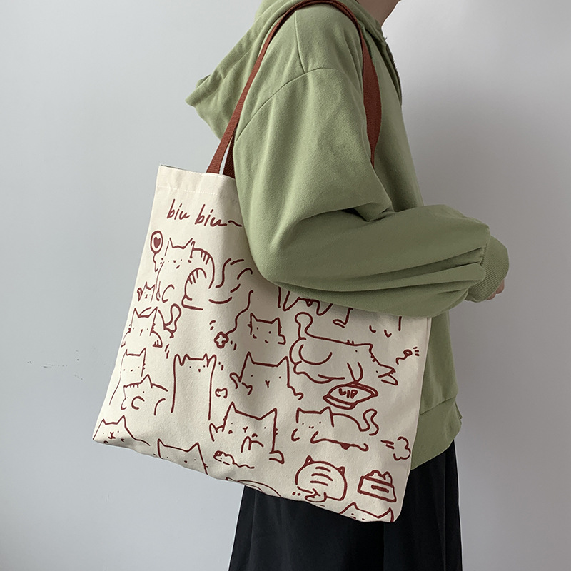 2024 Art Design Carino Animale Dipinto a Mano Illustrazione Borsa a Tracolla Borsa da Scuola Borsa Artistica Retro Grande Capacità Borsa in Tela Donna_voghion.com