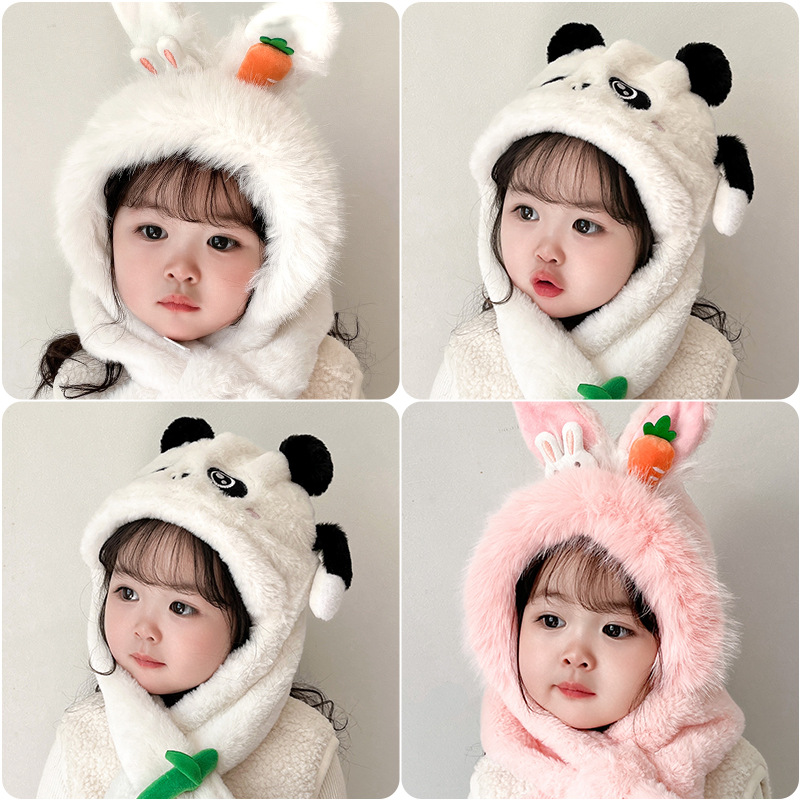 Children's hat scarf integrated autumn and winter thickened warm cute plush girls' baby kids' windproof earmuffs cap