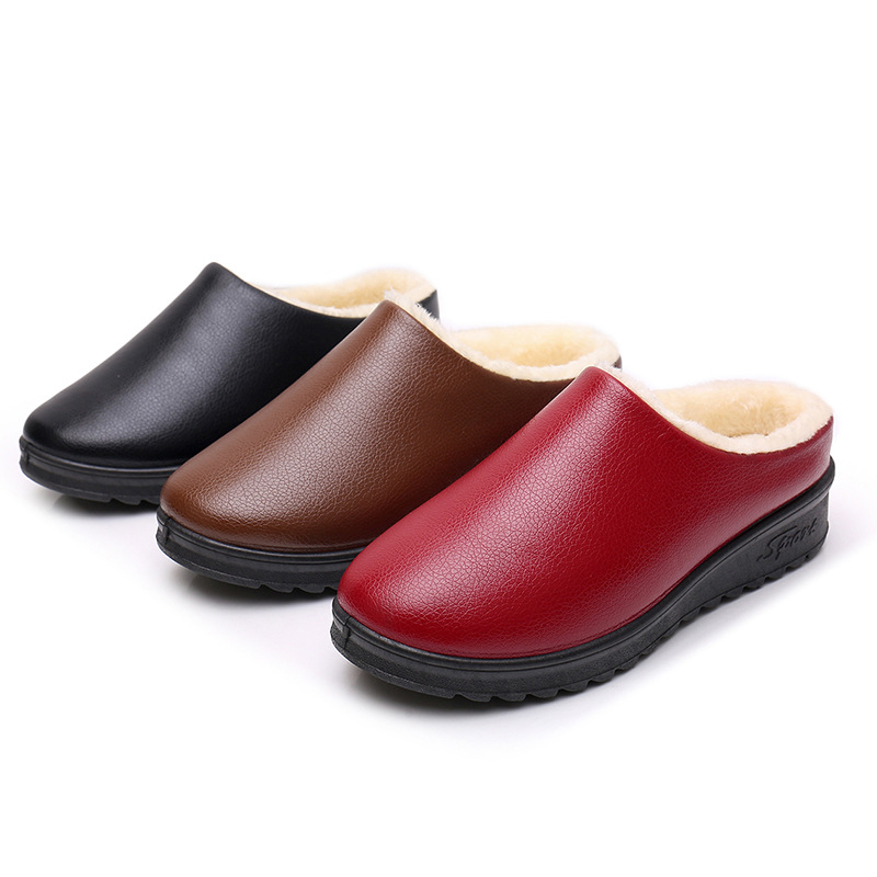 Winter New Women's Fleece-lined Warm Non-slip Lazy Slip-on Indoor and Outdoor Home Waterproof PU Cotton Slippers