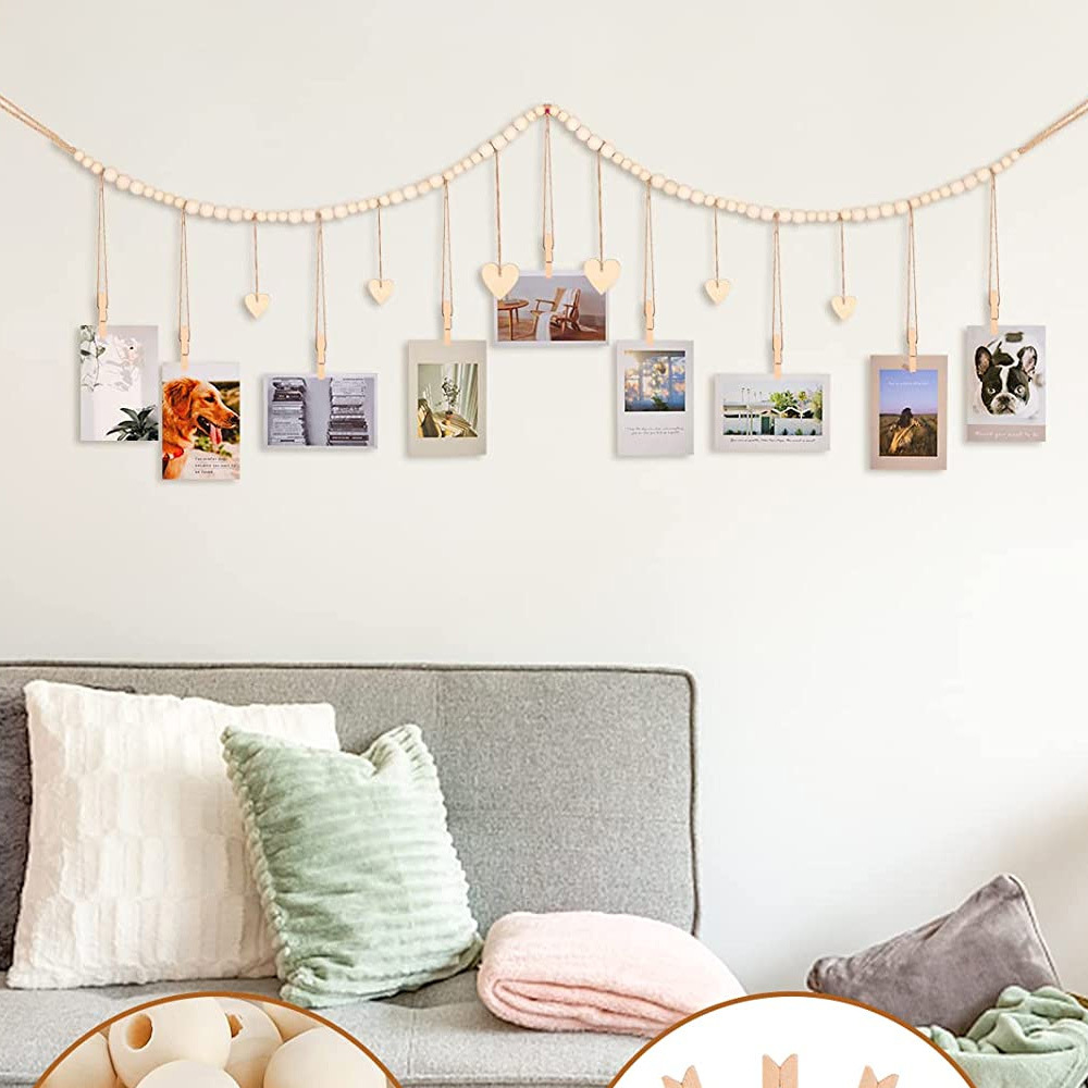Wooden beads photo storage hanging photo display beads photo storage tassel string string hemp rope bead clip home