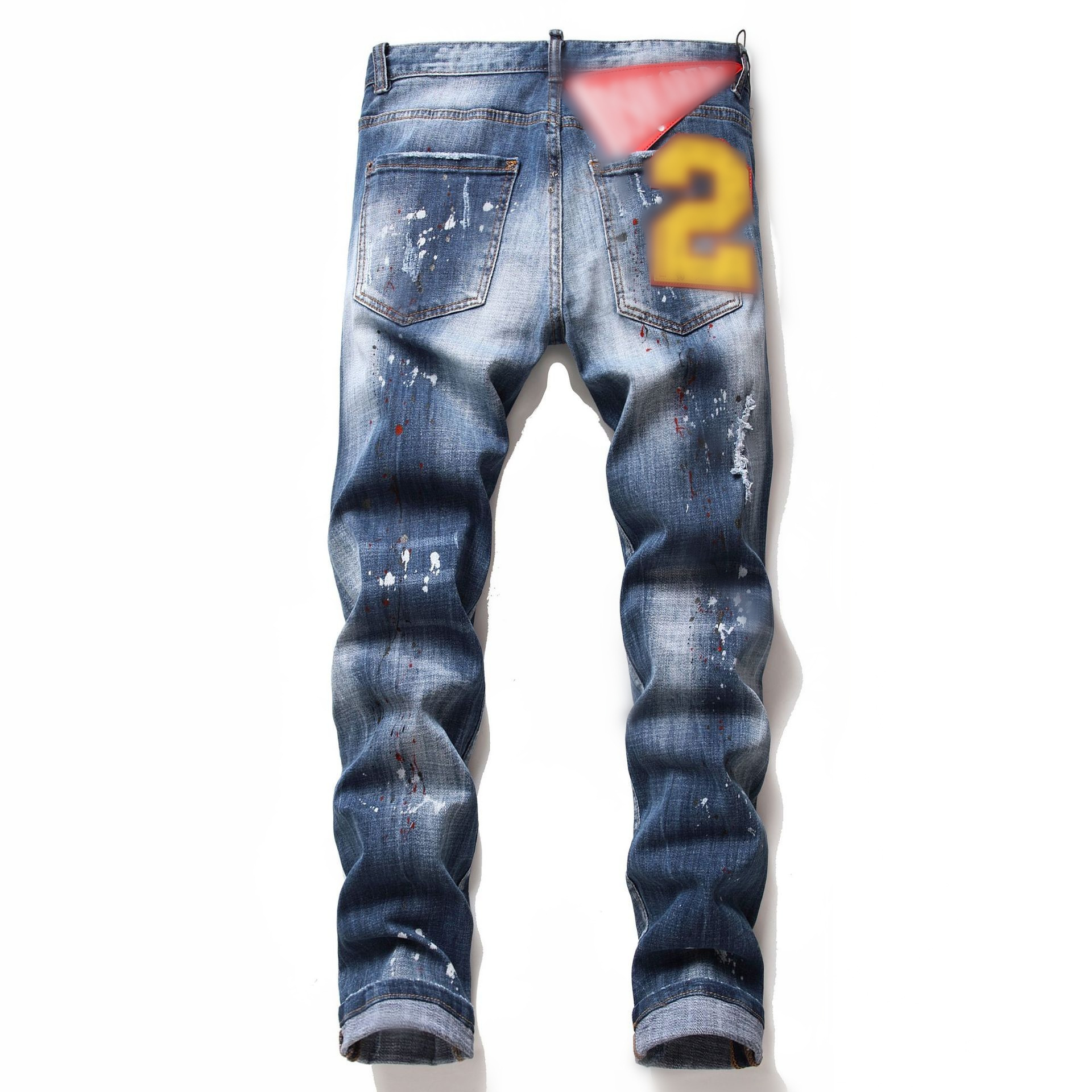 Europe and the United States new tattered disorderly line splash paint men's slim hole Big badge elastic D2 small straight tube trendy men's jeans