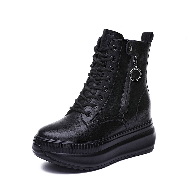 2023 autumn and winter new women's boots hidden height small thick bottom mid-calf versatile small boots British style Martin boots_voghion.com