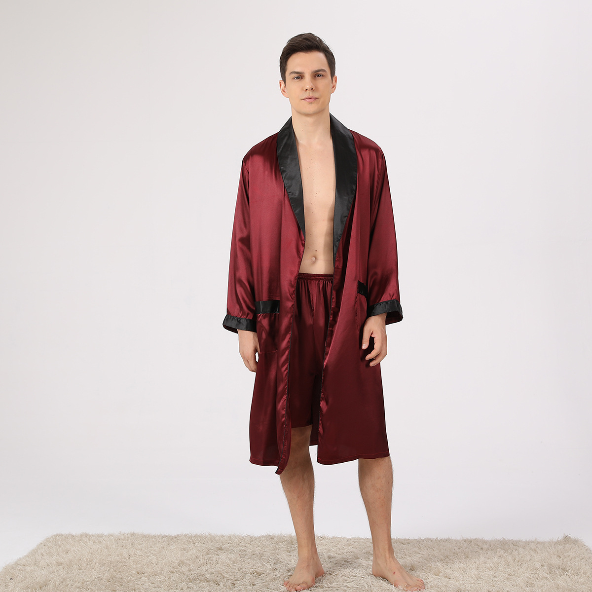 Cross-border American Size Men's Silk Nightgown Shorts Two-piece Suit Summer Thin Long-sleeved Pajamas Large Size Bathrobe