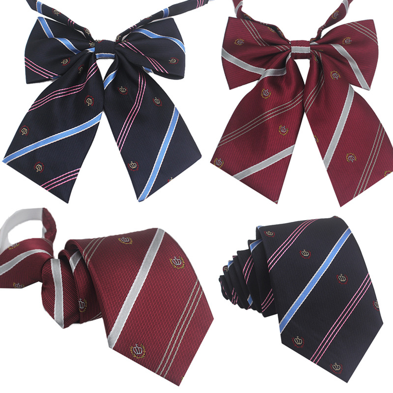 Japanese Crown No Tie Tie Collar Flower jk Tie Bow Red Cyan Golden Stripe Uniform for Female Students College Style