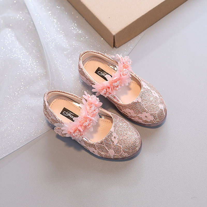 Little girl's leather shoes spring and autumn children's fashion Pearl small flower small leather shoes girls' small high heels Korean style princess shoes