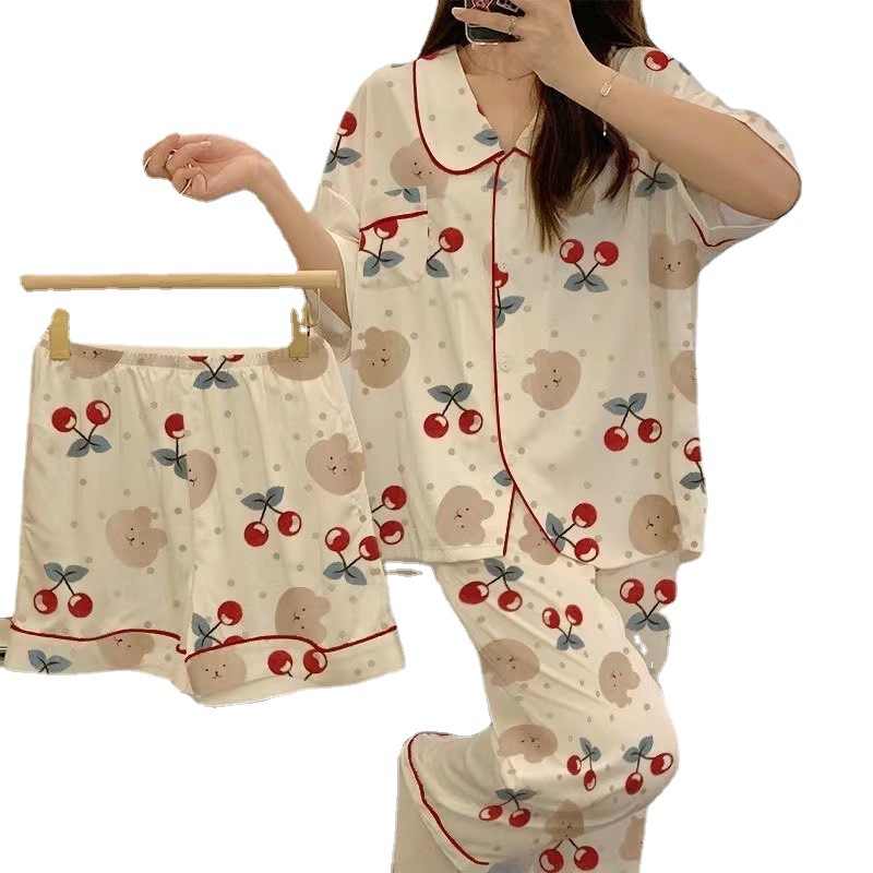 Summer New Three-piece Cardigan Pajamas Women's Short-sleeved Spring and Autumn Thin Cute Cartoon Summer Home Suit