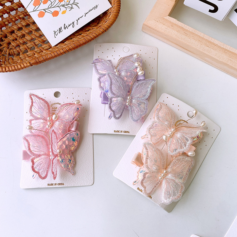 2 Colorful Mesh Lightweight Fairy Style Double-layer Sequin Pearl Butterfly Clip Antique Children's Hanfu Hair Accessories