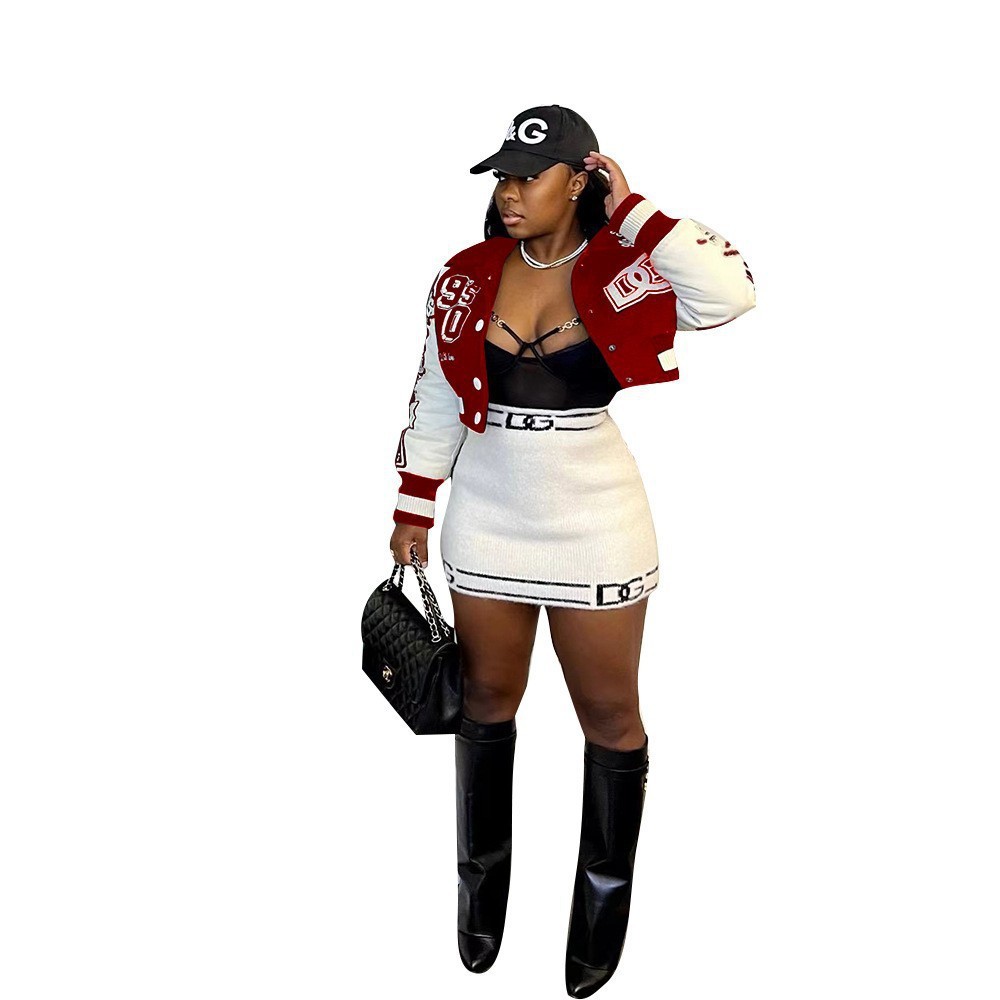 WB9128 European and American women's color matching jacket single-breasted letter printing baseball uniform