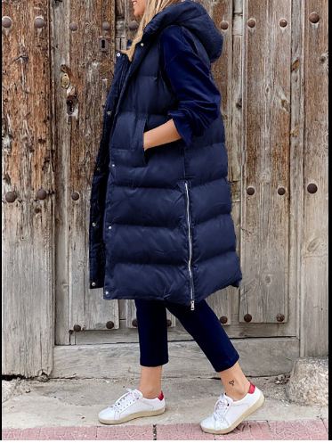 2022 autumn and winter solid color hooded long cotton-padded jacket women's loose warm casual fashion single-breasted zipper sleeveless jacket_voghion.com