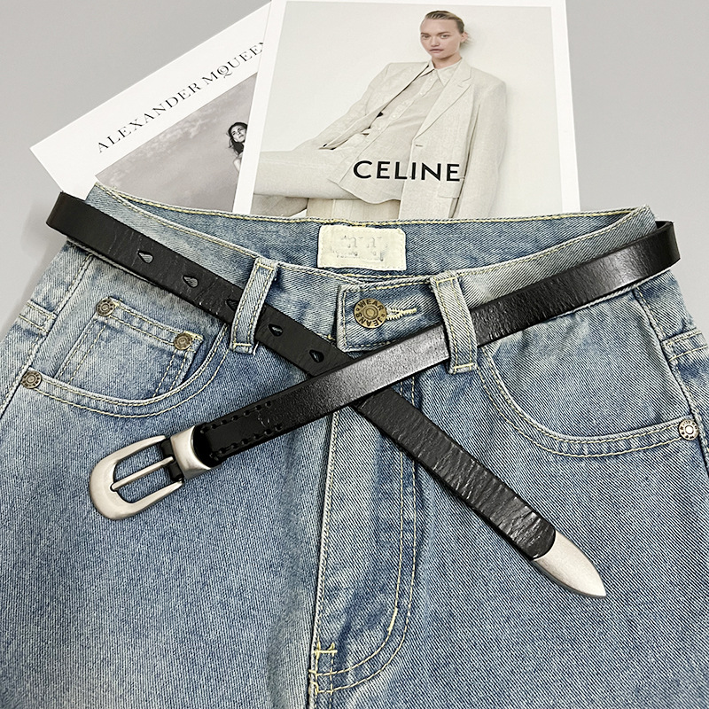 Women's new first layer cowhide leather belt slimming with jeans vintage silver buckle leather handmade belt in stock