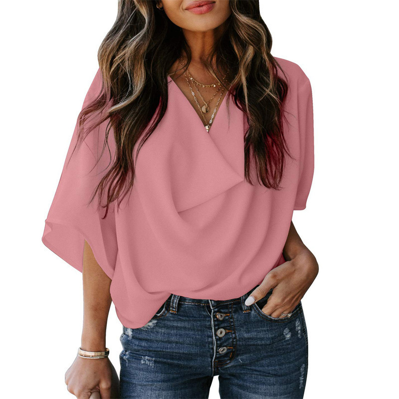 2024 Amazon wish Independent Station New European and American Chiffon Shirt Loose V-neck Casual Top T-shirt Women's Wear