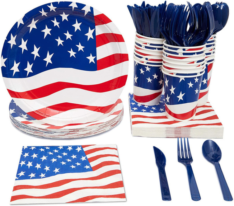 アメリカ国旗独立日紙皿ナプキンカップと食器パーティー用品ナイフフォークスプーン使い捨て食器セット|undefined