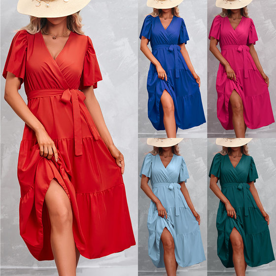 Foreign Trade Women's Clothing Amazon Explosions Cross-border European Goods Summer New Hot Solid Color V-neck Short-sleeved Dress