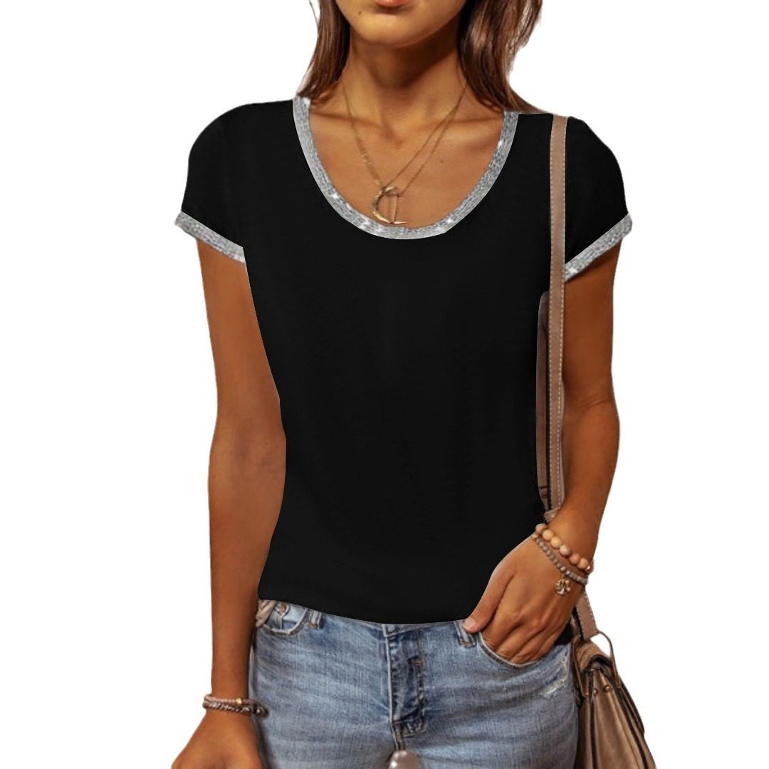 European and American trendy shiny collar T-shirt slim-fitting bottoming shirt Amazon summer contrasting color short-sleeved women's clothing