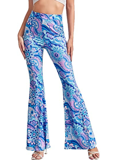 2022 AliExpress European and American women's floral printed elastic high waist flare pants