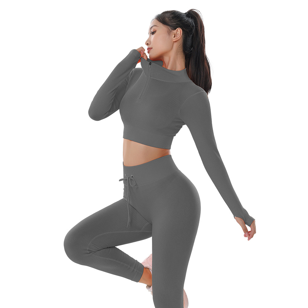 Cross-border New Yoga Suit Two Sexy Fitness Wear Sports Long Sleeve Striped Solid Color High Waist Striped Trousers