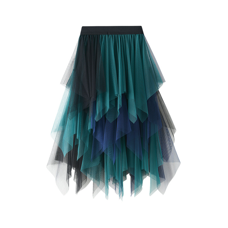 Spring and Autumn New Color Matching Mesh Multi-layer Irregular Joker Loose Waist Mid-length Skirt Skirt #8063