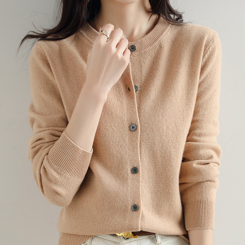 2023 spring and autumn Korean style round neck solid color women's cardigan coat sweater solid color knitted cardigan coat