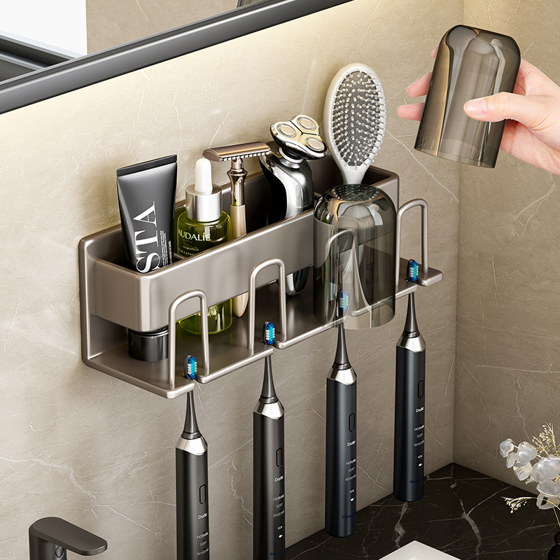 Gun Grey Toothbrush Storage Rack Toilet Hole-free Gargle Cup Tooth Cup Wall-mounted Storage Rack Electric Toothbrush Rack