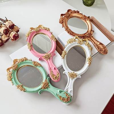 European Retro Handle Mirror Handheld Mirror Handheld Mirror Oval Hotel Photography Antique Baroque Golden Mirror