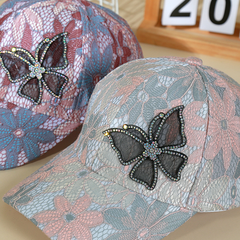 New lace thin hat women's breathable sun protection rhinestone butterfly baseball cap street fashion all-match trendy peaked cap