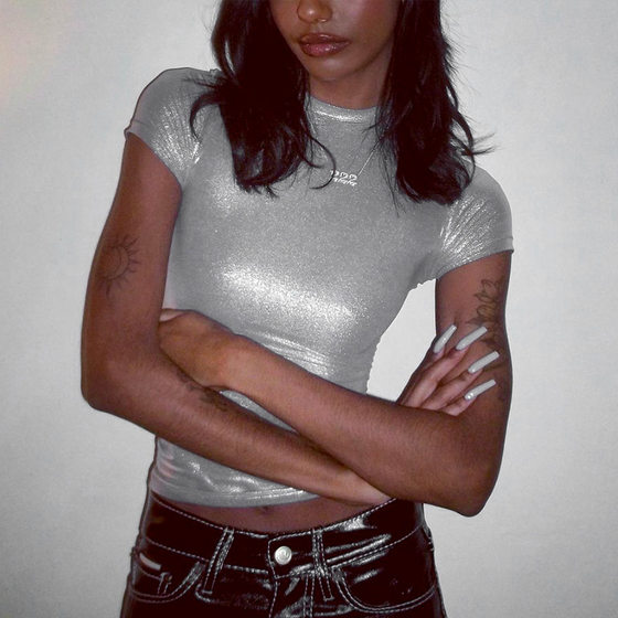 European and American women's 2023 summer new fashion round neck short sleeve slim solid color trendy personality top cross-border wholesale