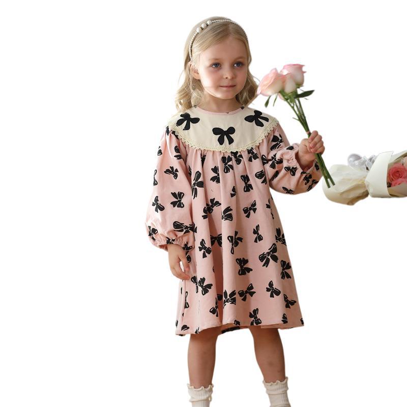Autumn 2024 Children's Wear Bow Embroidery Loose Girls dress Lace Western Style Long Sleeve Children's Princess Skirt