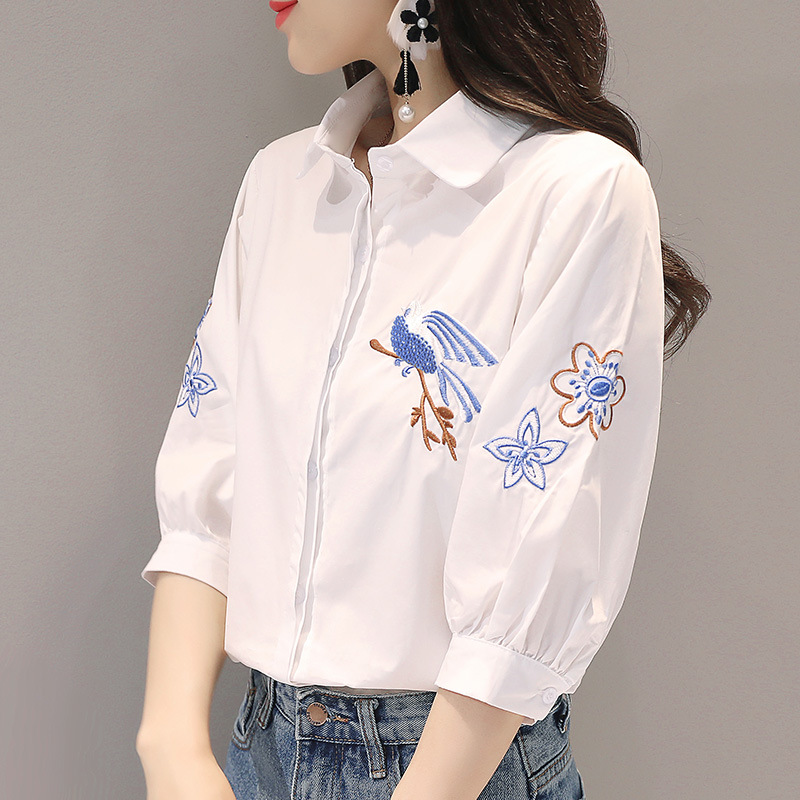 Embroidered Flower and Bird Shirt Cross-border Japanese Women's 2023 New Korean Style Spring, Summer and Autumn Seven-point Sleeve White Base Top