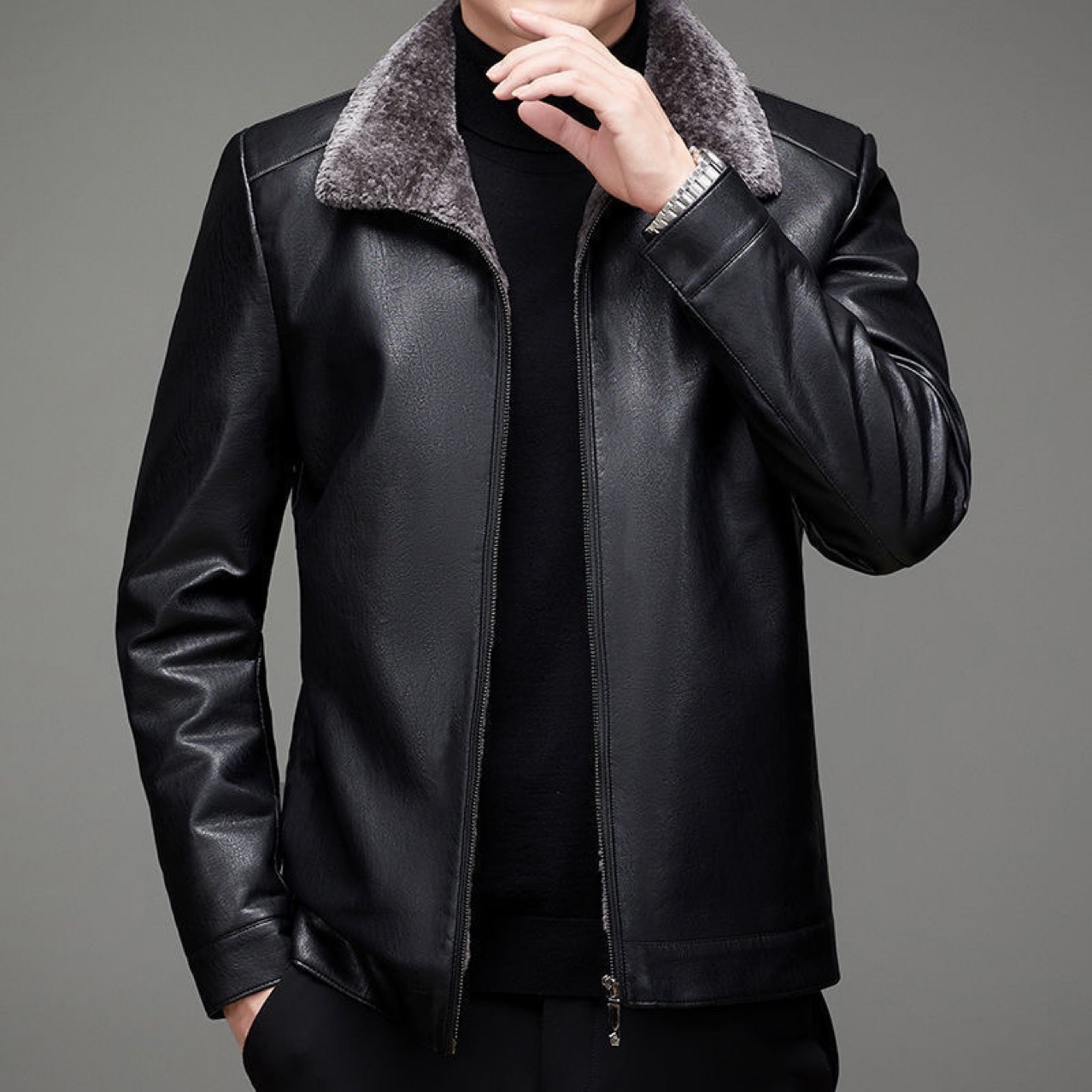 Fur One Haining Autumn and Winter Velvet Leather Clothes Men's Middle-aged Men's Leather Jacket Coat Winter Clothes
