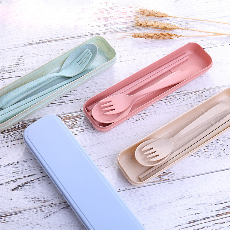 Wheat Straw Tableware Fork Spoon Chopsticks Three-piece Set Nordic Color Children Outdoor Travel Picnic Portable Tableware Set