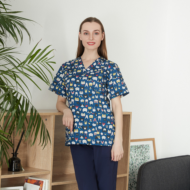 Cross-border Amazon Explosions Cartoon Printed Nursewear Women's V-Neck Short-sleeved T-shirt Top Surgical Clothes Work Clothes Men