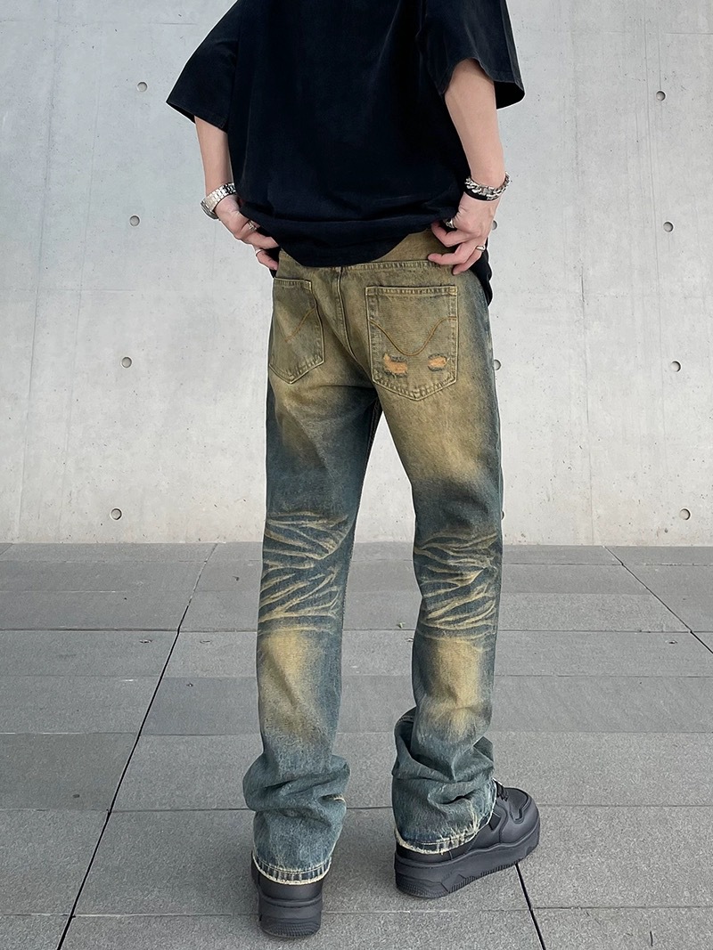 American-style high-street vibe distressed yellow mud-dyed washed jeans men's trendy ins straight micro-cleanfit pants