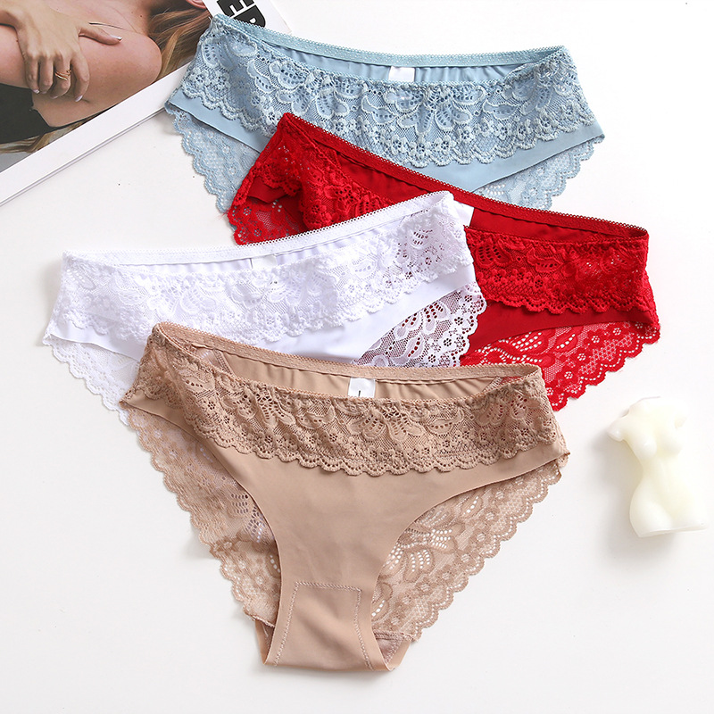 Cross-border popular stitching lace underwear Women's Ice Silk comfortable breathable women's briefs French romantic girl's pants