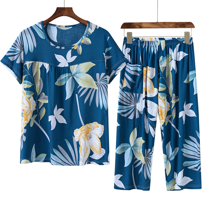 Mom Pajamas Spring and Autumn Women's Middle-aged and Elderly Short-sleeved Suit Cotton Silk Home Clothes Artificial Cotton Women's Casual Large Size Summer