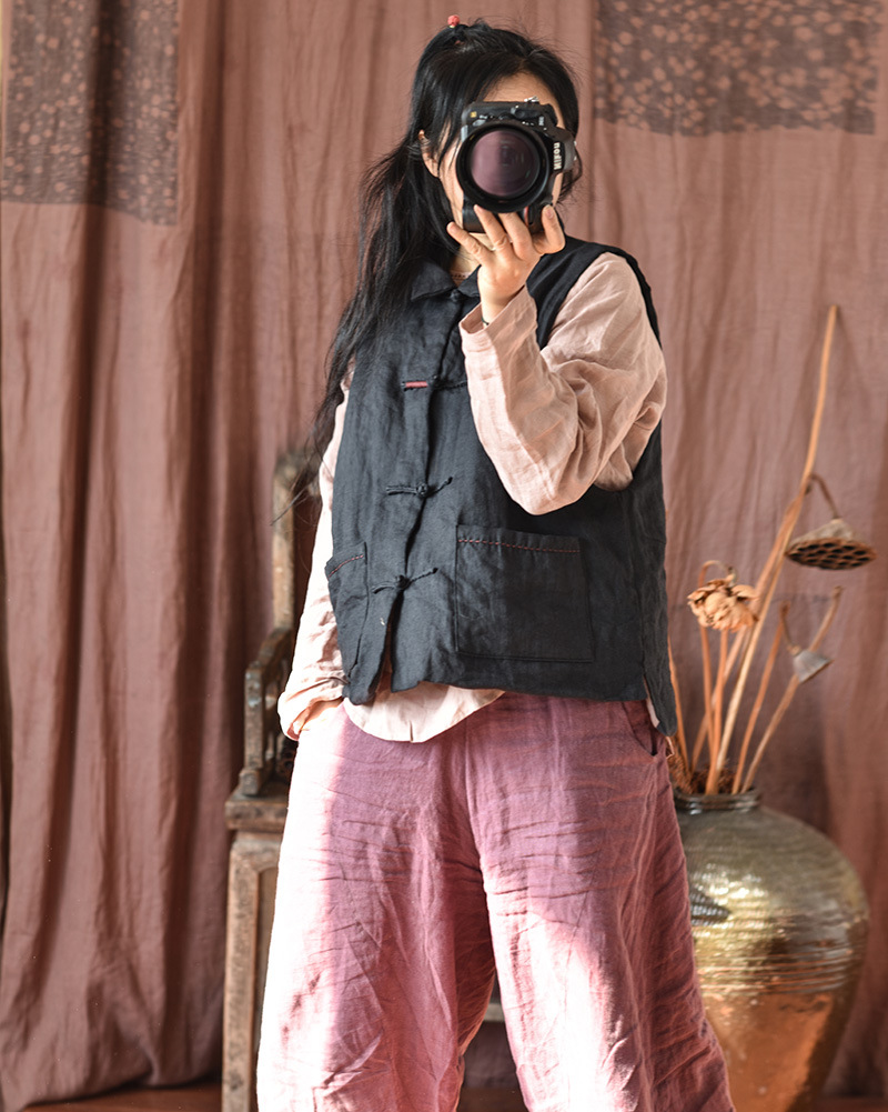 Simo/vêtements pour femmes en coton et lin faits maison gilet en coton à boucle en lin lavé au sable de haute qualité gilet en coton à enroulement rétro_voghion.com