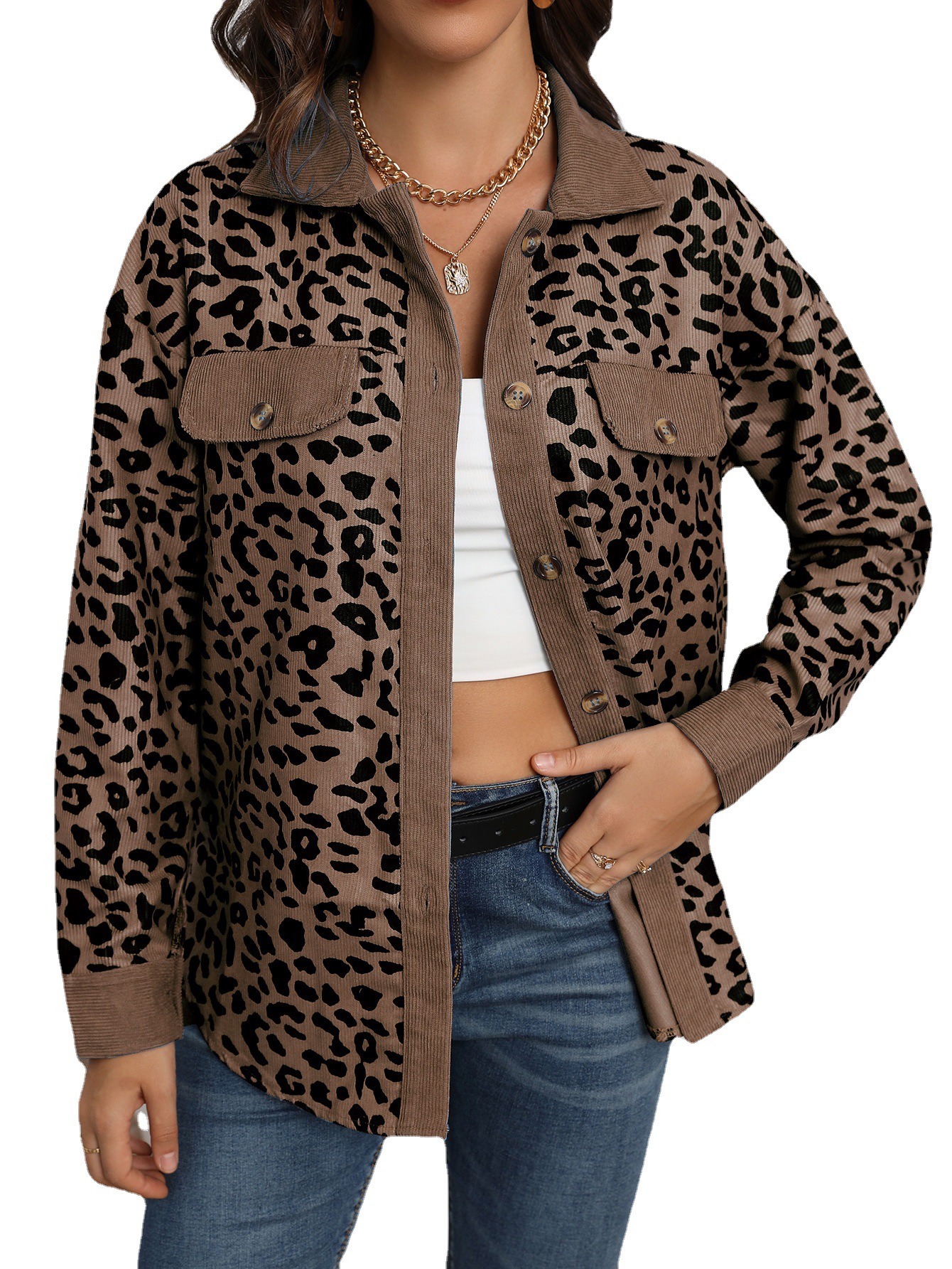 2024 Amazon European and American cross-border women's clothing autumn and winter fashion leopard print pocket button long-sleeved jacket for women