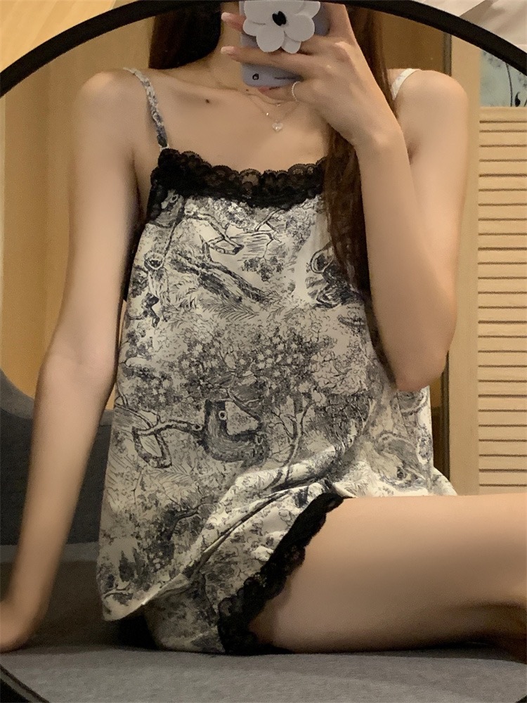 Ice Silk Pajamas Women's Summer Girls Pure Sling Shorts Home Clothes Suit Pajamas Women's Ink Painting Sexy Nightgown