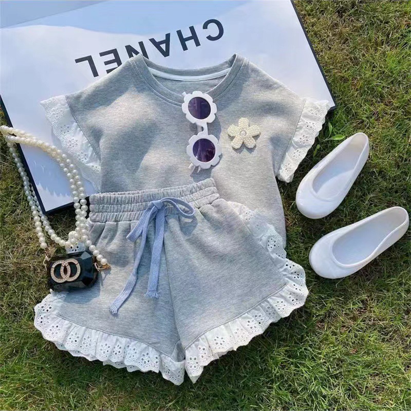 Girls' 2023 New Summer Set Baby Korean Casual Lace Short-sleeved T-shirt Children's Shorts Cotton