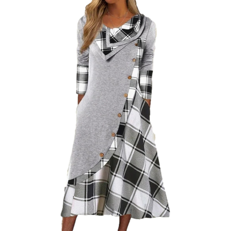 Europe and the United States cross-border Women's plaid printing stitching with pocket pile collar large size long sleeve dress factory outlet