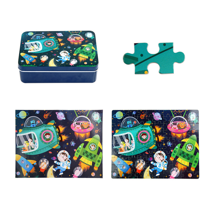 100 Piece Iron Box Wooden Jigsaw Puzzle Children's Educational Baby 3-4-5-6-7 Years Old Cartoon Wooden Early Education Toy