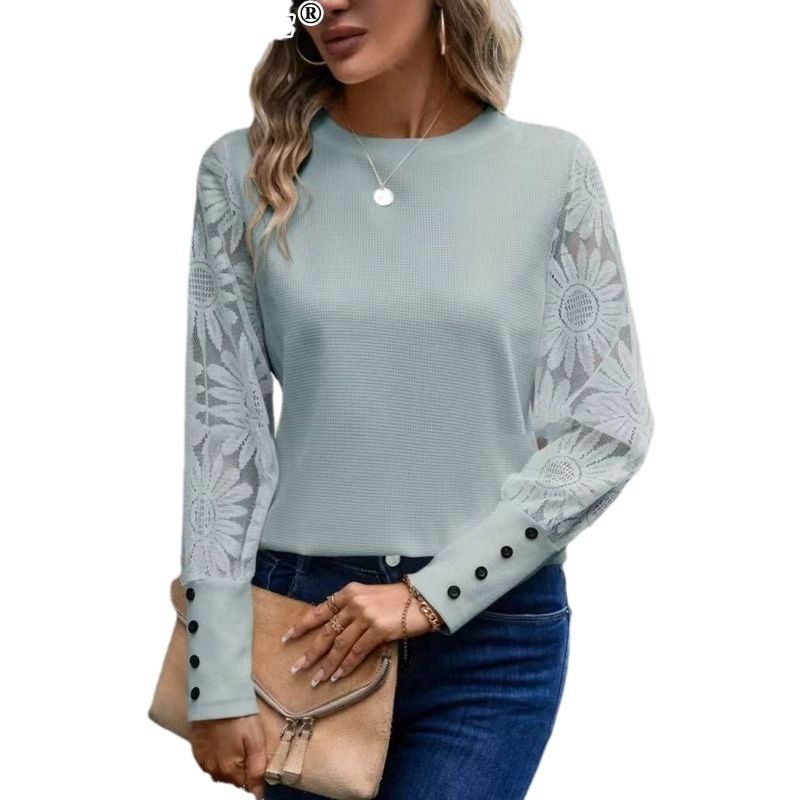 2024 Autumn Explosions European and American Foreign Trade Amazon Solid Color Long Sleeve Embroidered Lace Stitching Waffles Crewneck Top