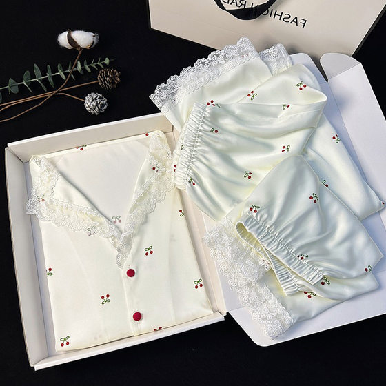 Pajamas women's summer thin ice silk three-piece suit net red cherry can be worn outside high-end ladies home clothes wholesale
