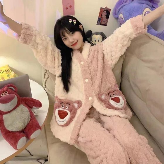 Autumn and Winter Strawberry bear pajamas women's thickened warm hooded plush cardigan casual simple home wear suit