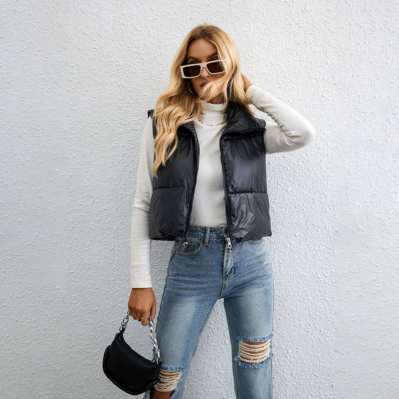 2024 autumn and winter new European and American style fashion short solid color down cotton vest slim high collar loose cotton vest