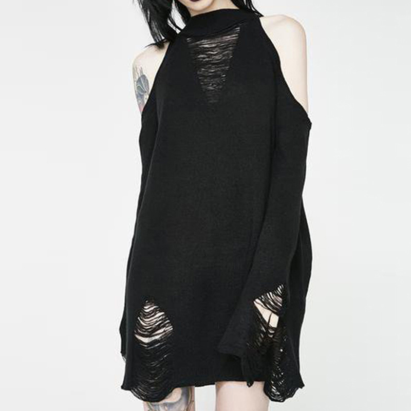 Cross-border European and American black ripped off-shoulder sweater autumn and winter punk lazy loose round neck long sleeve Gothic style women's sweater