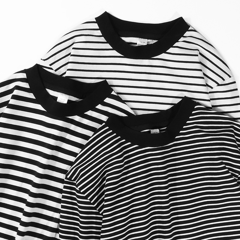 Heavy Striped Long Sleeve T-Shirt Round Neck Japanese Style Loose Fashionable Student Men and Women Couple Color Contrast Base Shirt Top Fashionable