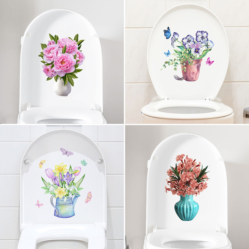 Wholesale cross-border bathroom creative toilet stickers decorative toilet inner and outer cover stickers waterproof plant flower stickers