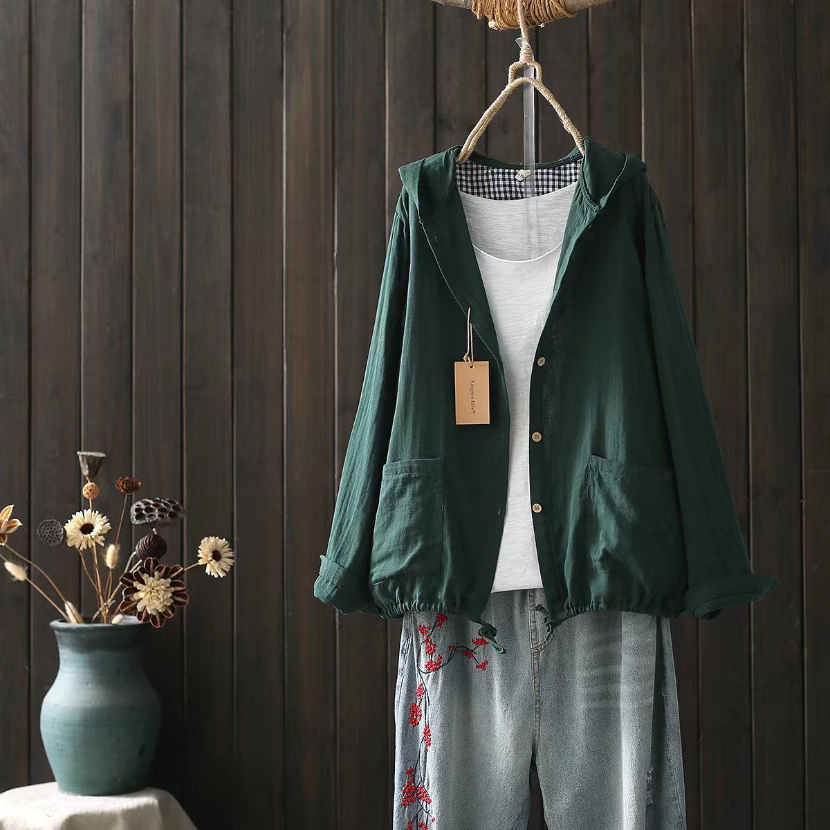 Spring and Autumn 2023 Long Sleeve Hooded Cotton Yarn Shirt Women's Thin Jacket Large Size Cross-border Russian Foreign Trade Star